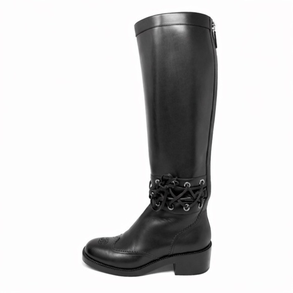 Chanel Black Leather Knee High Riding Boots CC‎ Logo 38.5 FW 2016 Runway